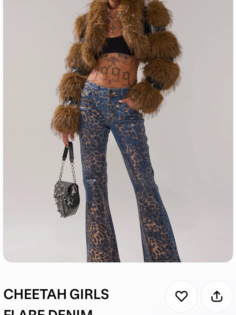 AKIRA Cheetah-Print Flare Jeans in Blue and Brown